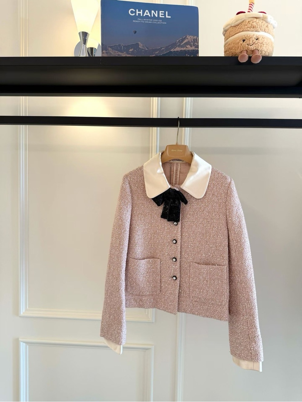 Miu Miu Pink Tweed Jacket with White Collar and Black Bow